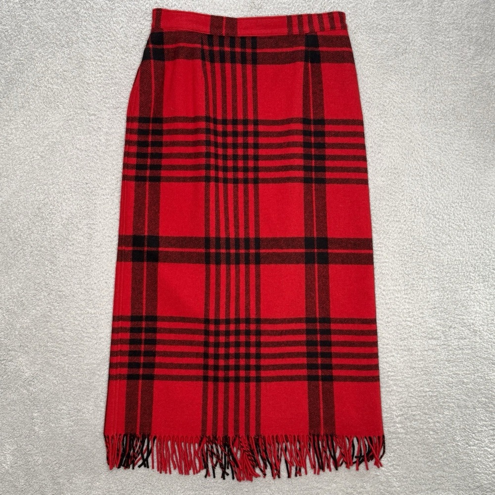 Vtg Woolrich Maxi Skirt Women 14 Red Black Buffalo Plaid Fringe Lined Wool Blend